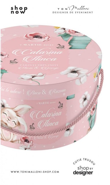 Cutie trusou rotunda botez roz cu iepurasi flori si motive de primavara Spring  3